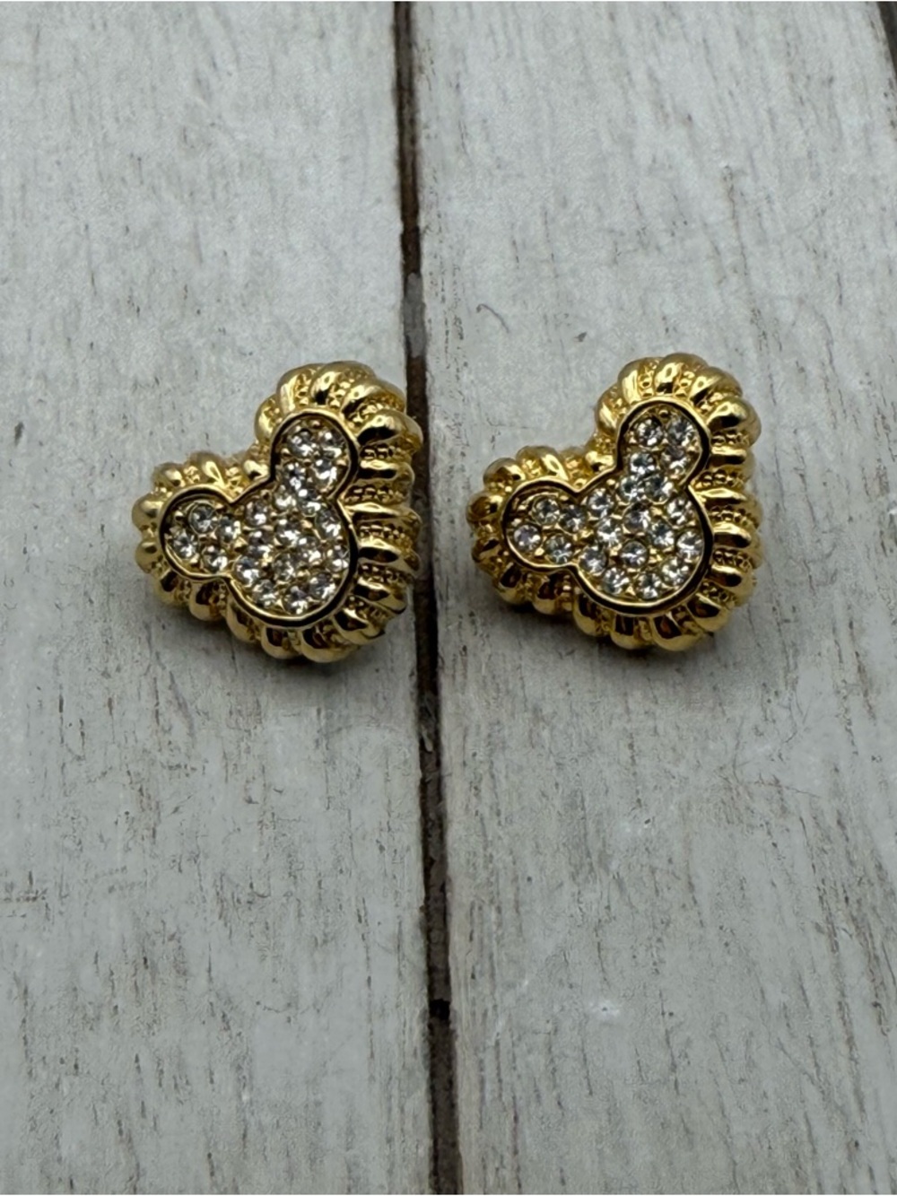 Disney Mickey Mouse Head Gold Tone Earrings w Rhinestones, Pierced